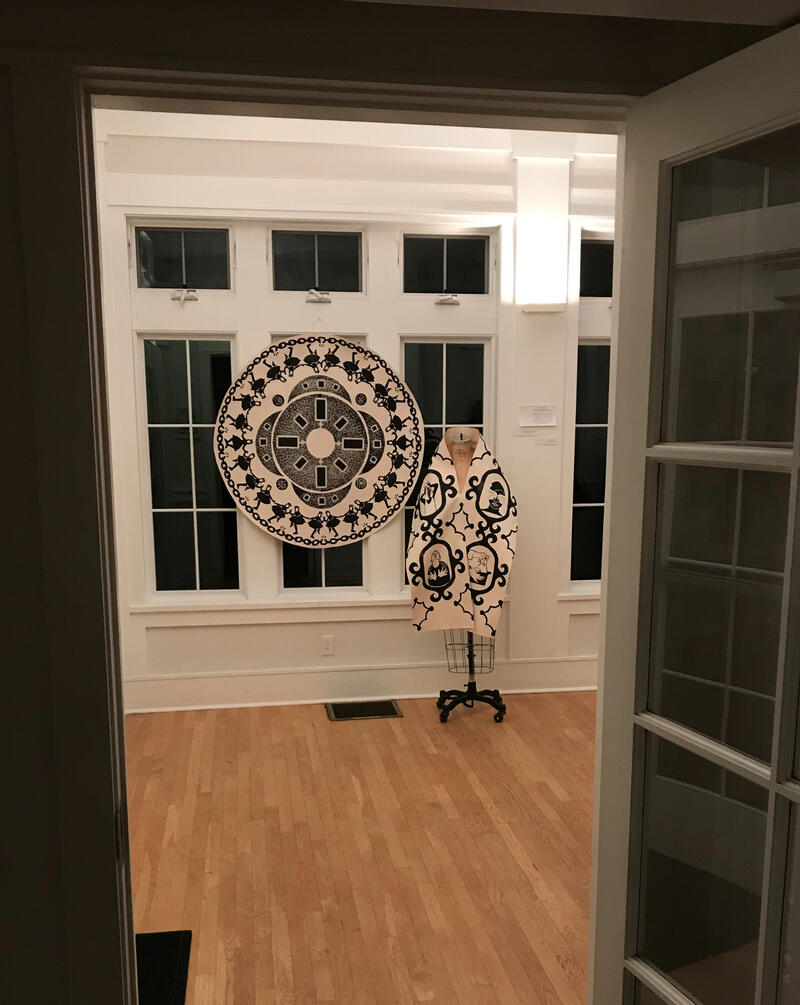 "O Happy Day" Installation View Also shown,"Hands" Stole,2022 Printed Linocut on Canvas 90 x 14 in